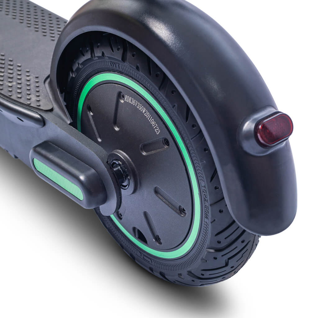 front wheel of ampere green e-scooter