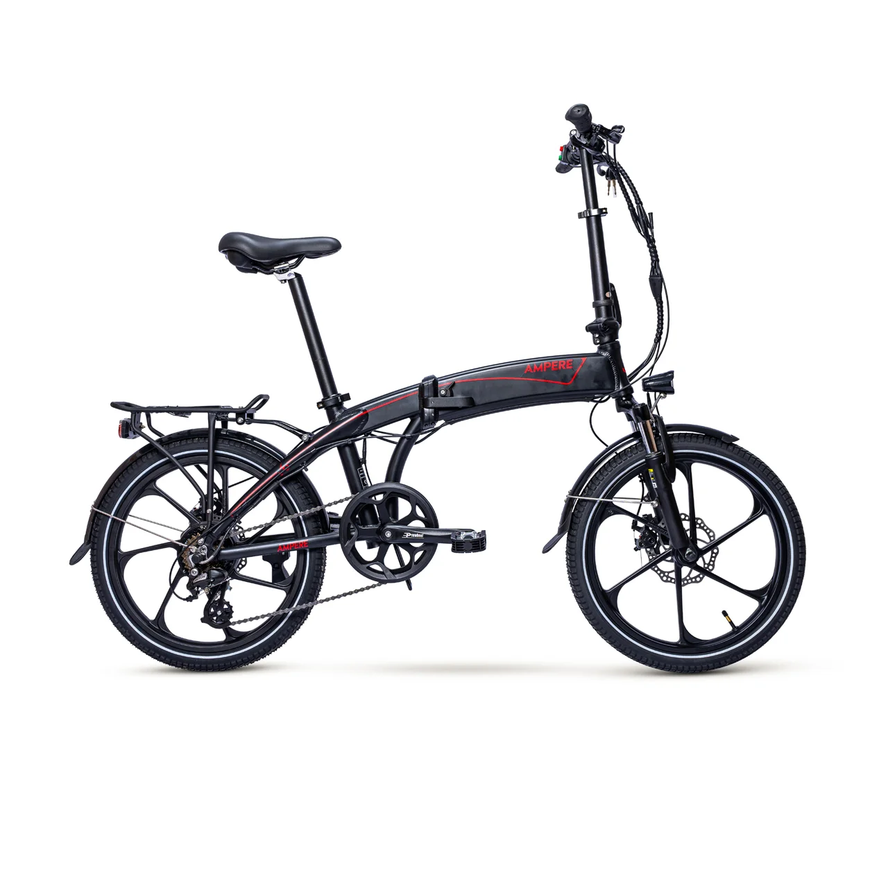 Black Ampere Mode folding electric bike with a lightweight folding frame, front suspension, disc brakes, rear rack, and integrated lighting on a white background.