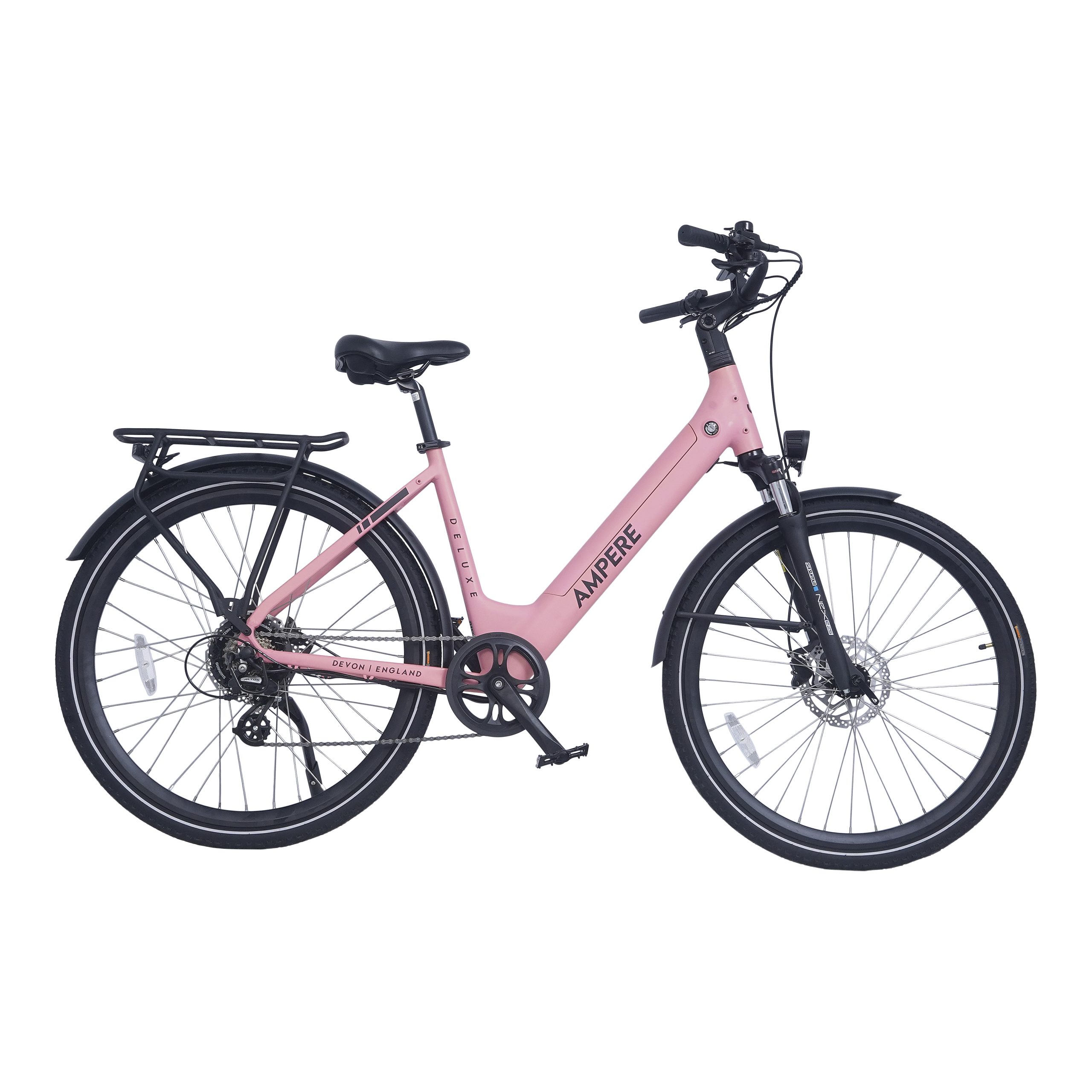 Pink Ampere Deluxe 700C electric bike with a low-step frame, integrated battery, front suspension, hydraulic disc brakes, and rear luggage rack on a white background.