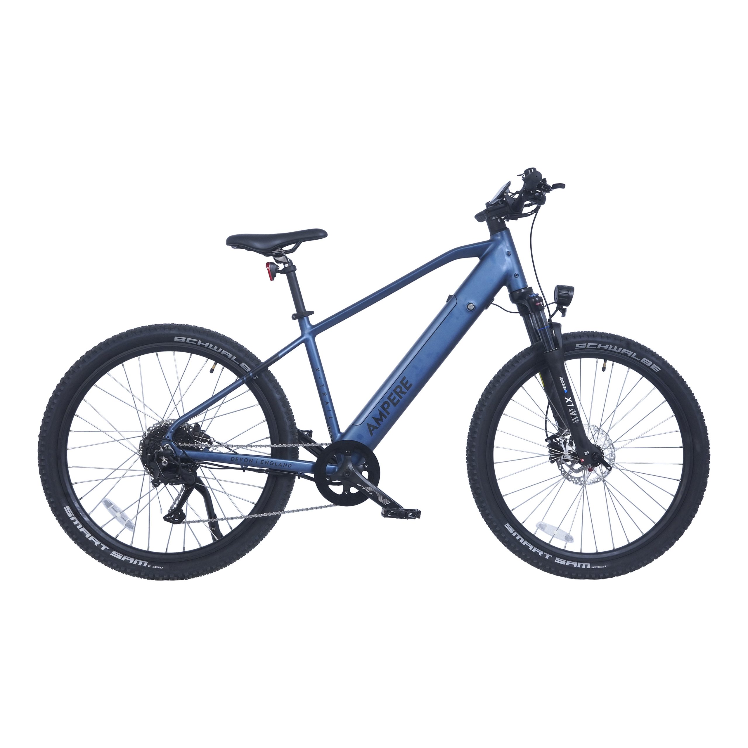 Stone Blue Ampere X-Trail electric mountain bike with integrated battery, front suspension, hydraulic disc brakes, and 29-inch tires, shown on a white background.