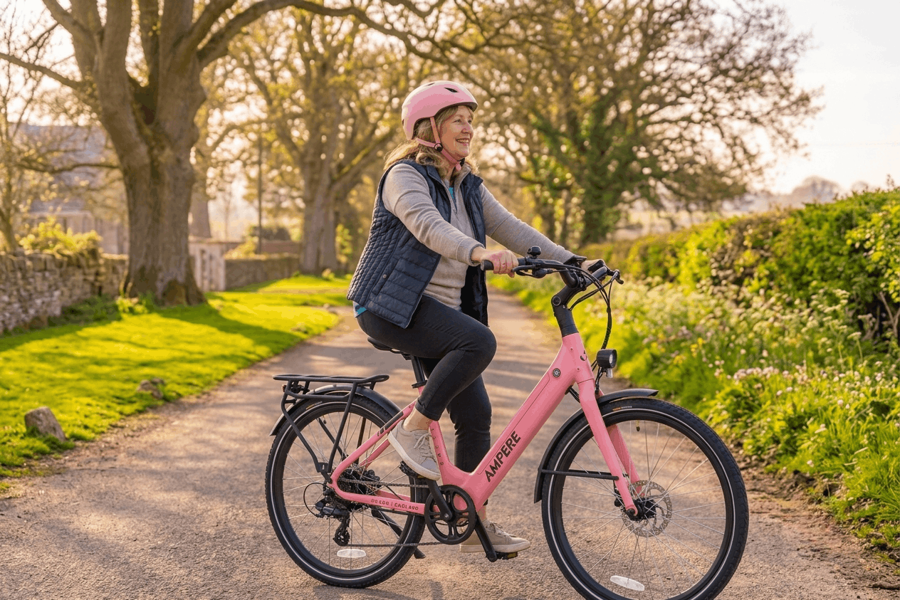Pink Ampere Deluxe 26 electric bike being ridden through the countryside, highlighting its comfortable upright riding position, integrated battery, front suspension, disc brakes, and rear rack.