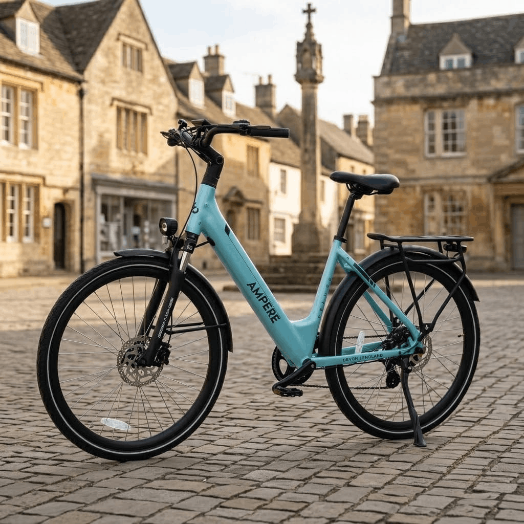 Light blue Ampere Deluxe 700 electric bike displayed on a cobbled street in a picturesque UK village, showcasing its low-step frame, integrated battery, front suspension, and rear rack.