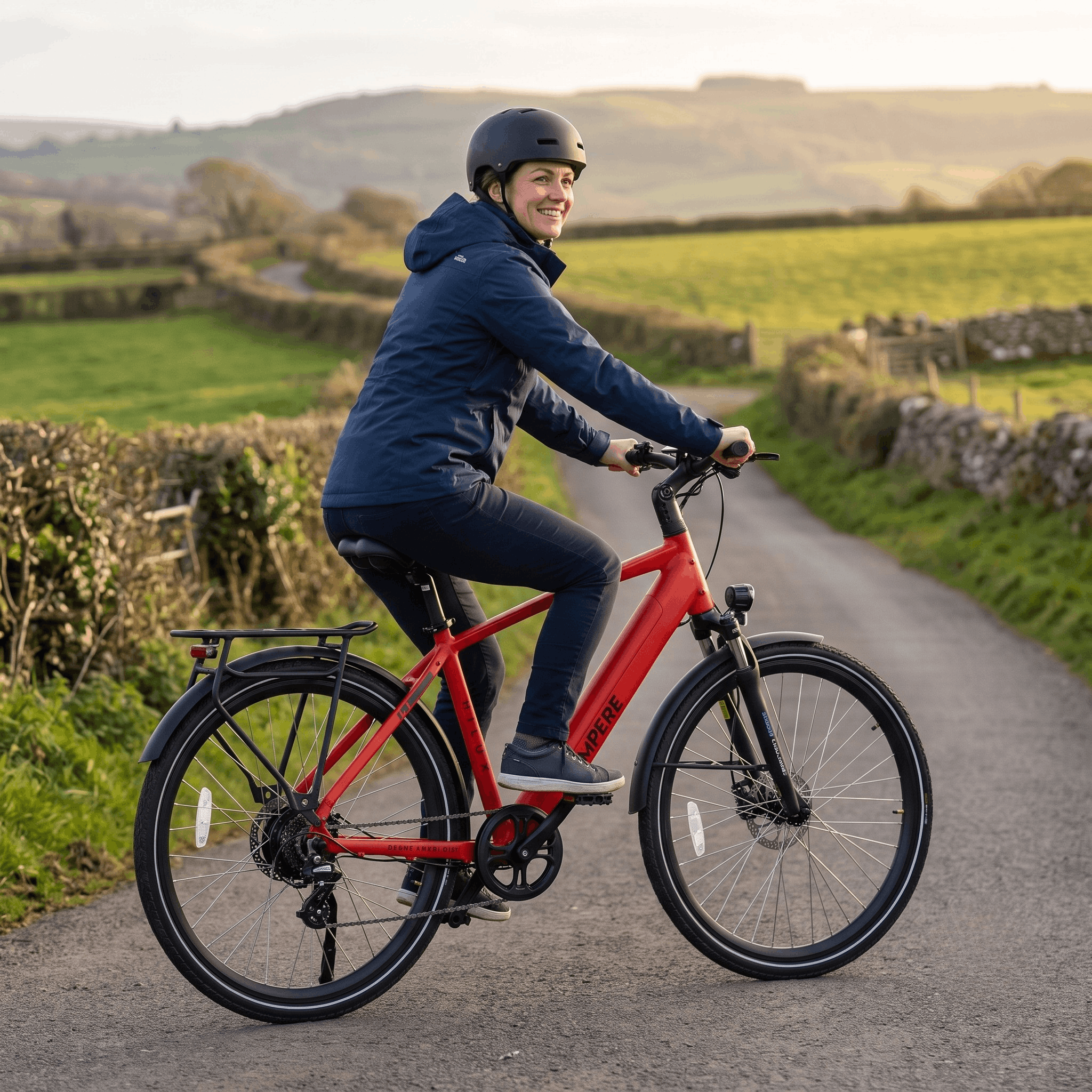 Red Ampere Hilux electric bike being ridden along a peaceful countryside road, showcasing its step-through frame, integrated battery, front suspension, and rear luggage rack.