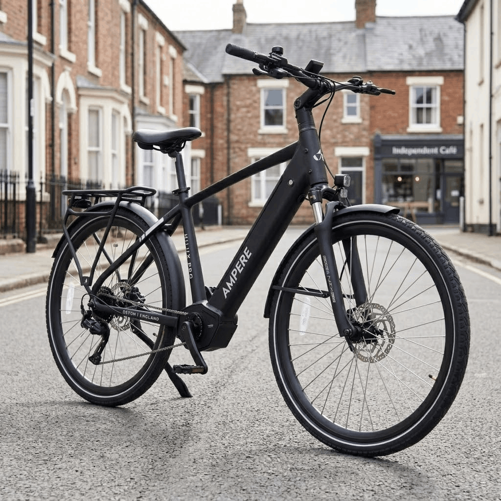 Black Ampere Hilux Pro electric bike parked on a quiet urban street, featuring a mid-drive motor, integrated battery, front suspension, hydraulic disc brakes, and rear luggage rack.